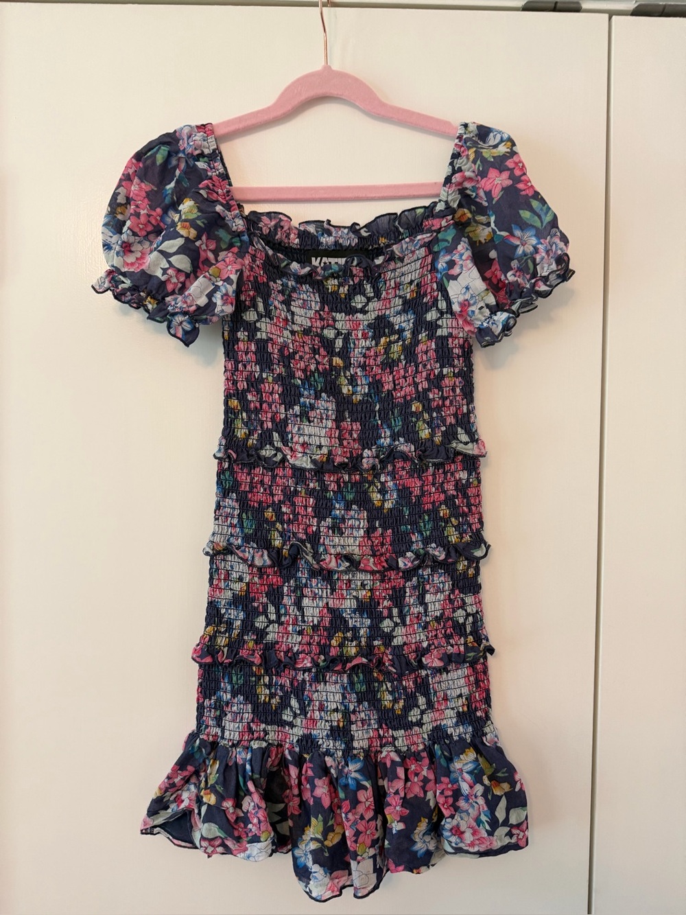 Katie J NYC Navy Floral Smocked Dress with Puff Details